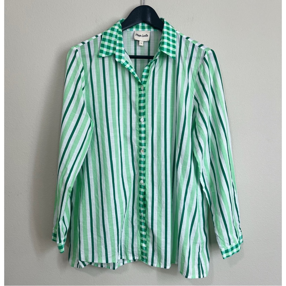 Playa Lucila Size Medium Green Striped Cotton Button Down Shirt
